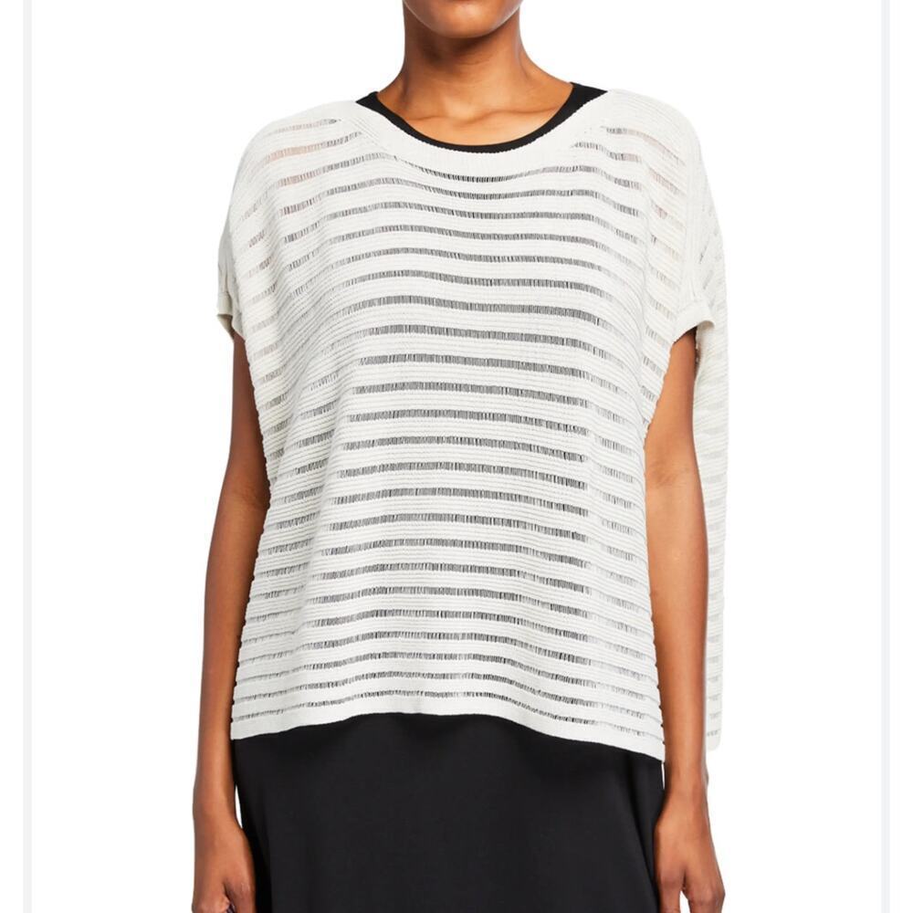 Eileen Fisher Off-White Boat Neck Short Sleeve Pullover Crochet Top Sz M